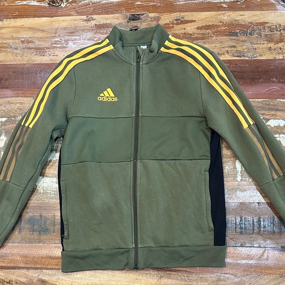 Adidas Youth Olive Jacket with Orange Stripes